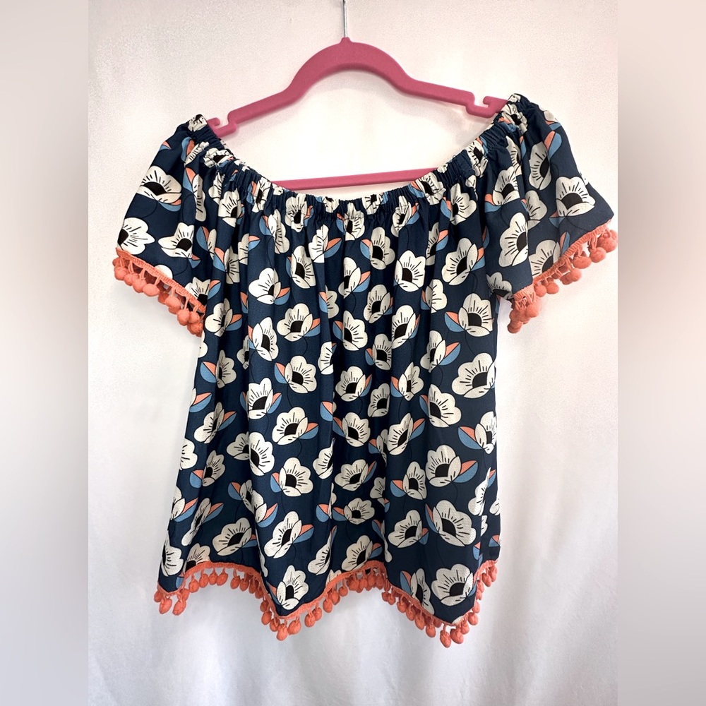 Joy Joy Blue Coral Floral Print Off The Shoulder Top with Pom Pom Fringe- Small